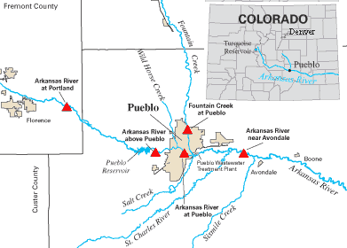 Map of Arkansas River in the vicinty of Pueblo, CO